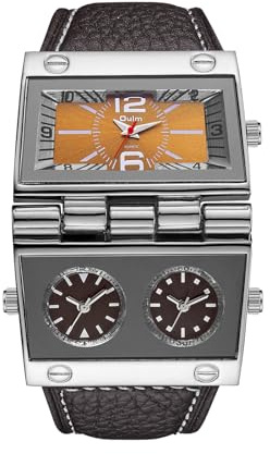 JewelryWe Militärklocka Herrurtavlor: Multi-Time Kvarts Armbandsur Justerbar Läderrem Fyrkantig Dial, Brun, rem