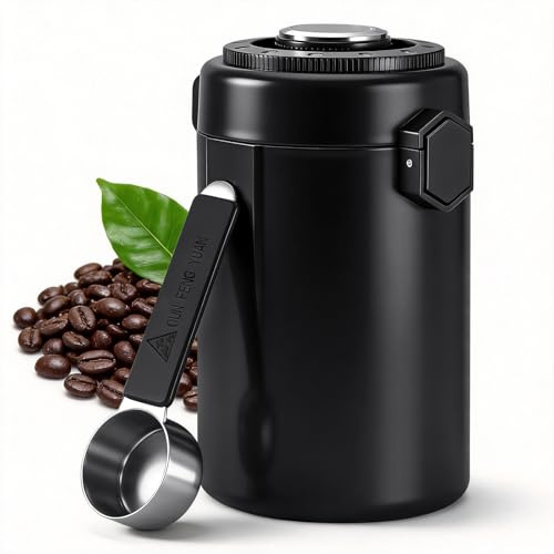 Fentar Airtight Coffee Canister with Measure Spoon, 600ML Stainless Steel Vacuum Coffee Bean Storage Canister with Humidity Monitoring & Date Tracker, Food Storage Container for Tea Sugar (Black)