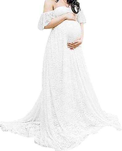 Otbushit Vit 2XL kvinnor spets moderskapsklänningar, moderskap fotografi klänning spets fin graviditetsklänning axellös blommig för gravid