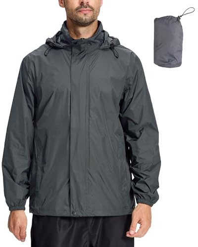 LZLER Mens Waterproof Jackets Lightweight Packable Windproof Rain Jacket Adjustable Hooded Raincoat for Outdoor Hiking Fishing Camping(Dark grey,L)