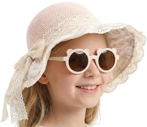 SIQITECH Capeline de Paille Eté Fille Chapeau Bob avec Noeud Papillon Enfant Capeline de Soleil Anti UV Elégant Chapeau Melon en Paille avec Lunette Noires pour Voyage Plage Randonné Pêche