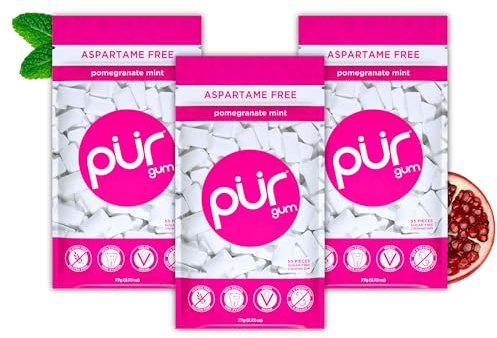 PUR Gum | Sugar Free Chewing Gum | Made with Xylitol | Vegan, Aspartame Free, Gluten Free and Keto Friendly | Natural Pomegranate Mint Flavoured Gum, 55 Pieces (Pack of 3)