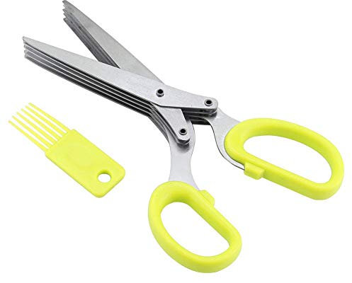 Forbici da taglio per erbe in acciaio inossidabile, forbici da taglio multiuso per forbici per erbe da cucina con 5 lame e pettine per la pulizia(Giallo)