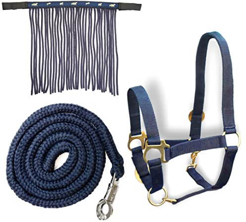 Cabestro Protector para Caballos con Cuerda y Flecos de Mosca, Cabestro con Punto – Cabestro Pony Shetty Cabestro Cob Full Kb (Sangre Caliente (Completo), Azul Oscuro
