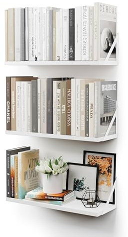 CASSA TOKO Wall Mounted Floating Book Shelves for Wall Set of 3, Shelf Bookshelf for Bedroom Living Room Office Bathroom Kitchen Rustic Wood with Metal Bracket (White)