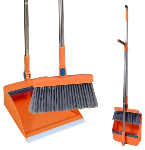 Roellgs Juego de recogedor de escoba con dientes de peine, resistente al viento, mango largo, vertical, juego de recogedor, limpieza del hogar (naranja)