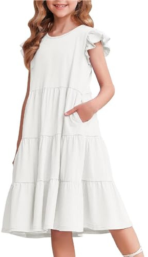Arshiner Niñas Vestido de Verano con Mangas de Volantes Vestido Infantil de Algodón Vestido de Ocio con Escote Redondo Mangas Cortas Swing Vestidos de Fiesta para Niñas 4-14 Años