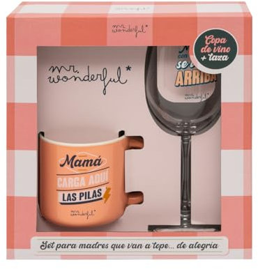 Mr. Wonderful - Set de copa de vino + taza para esas madres que van siempre a tope... de alegría - Regalo para mamá - Incluye espacio para dedicatoria