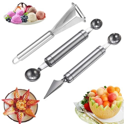 QIUMING 3 Pezzi Scavino da Cucina per Frutta Strumento per Intagliare la Frutta Frutta Cucchiaio Per Palline di Melone misurini per melone Fruit Carving Knife per Casa Cucina Ristorante (3)