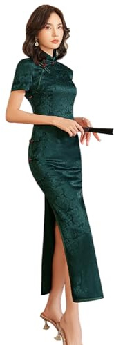 ZNLFS Women's Chinese Dresses Long Cheongsam Mandarin Collar Slim Fit Short Sleeve Bodycon Floral Print Sexy Side Slit Qipao (UK, Numeric, 10, Regular, Regular, Green)