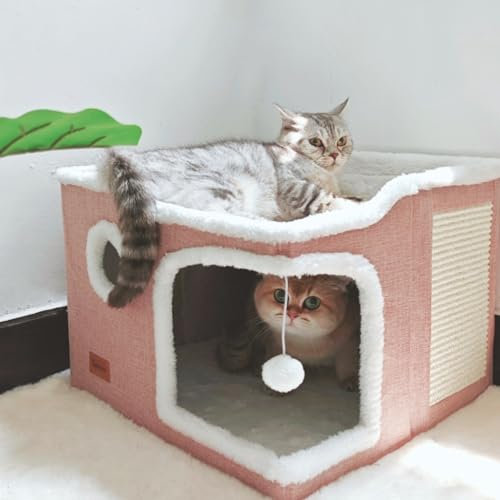 Spindro Large Indoor Cat Bed, Foldable Cat House, Cube Home with Scratching Mat, Modern Dog Bed with Washable Soft Cushion, 43x43x33cm, Pink
