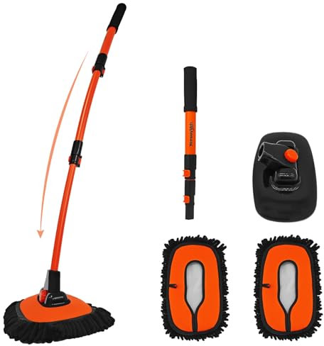 YeewayVeh Car Wash Brush, 43 Extendable Car Wash Brush Mop with Long Handle, 15 Degree Curved Soft Car Cleaning Brush kit with Extra Microfiber Brush Head for Truck SUV Cleaning, Orange