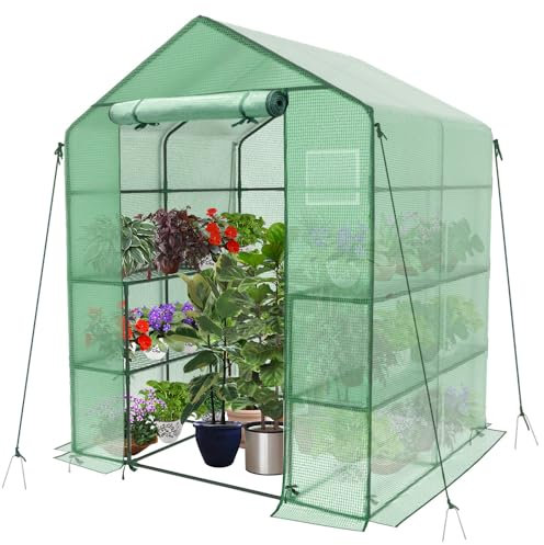 VOUNOT® Walk In Greenhouse with Shelves, Portable Plastic Green House for Garden & Outside, Large Growhouse, Green 143x143x195cm