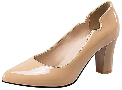 Lizoleor Decollete Donna Tacco Largo Alto Punta Scarpe Senza Chiusura Sposa Festa Business Eleganti Glitterato Vernice Apricot Numero 36 EU
