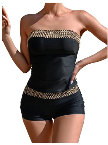 Milumia Women's 2 Piece Tankini Set Strapless Bandeau Boyshorts Swimsuit Black and Gold Medium