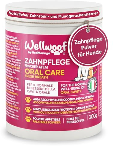 Integratore per Pulizia Denti Cane | Integratore in Polvere per Rimozione Tartaro Cane | con Alghe Ascophyllum nodosum (75%), Moringa e Menta Piperita | Senza Additivi Artificiali | 200 gr - WELLWOOF