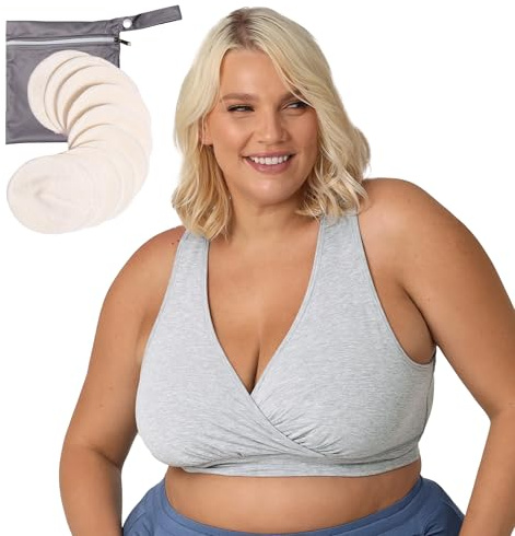 Kindred Bravely French Terry Racerback Nursing Sleep Bra (Grey Heather, Small) & Organic Washable Breast Pads Bundle