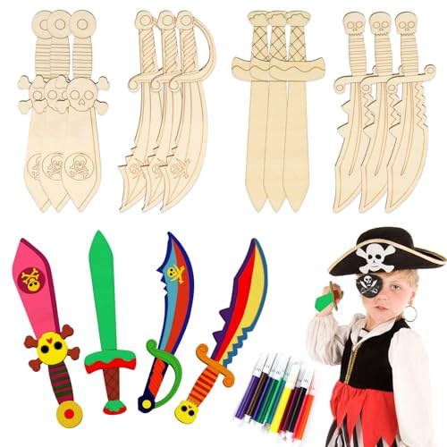 Tikplus 12 spade da pirata in legno, spada in legno, per bambini, con 12 penne ad acquerello, anche creative, sciabola da pirata da dipingere, set fai da te, decorazione per carnevale