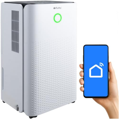 RUHHY Deumidificatore 12 l/24 h con WiFi e igrostato – 38 dB silenzioso, auto/continuo, timer 0 – 24 ore, serbatoio 2 l + connettore tubo, auto sbrinamento, ruote e maniglie, per casa, cantina