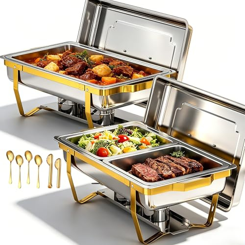 EffiQ-Rate 2 Pack Gold Chafing Dish Set, 9 QT Rectangular Chafing Dishes for Buffet with Lid and Foldable Stand, Stainless Steel Buffet Server Food Warmers for Parties, Weddings, Catering Events