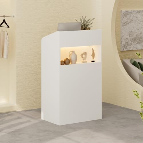 DEZAGCE Comptoir de Réception Compact avec Éclairage LED, Table de Caisse 59 x 39 x 105 cm, Blanc, 3 Températures de Couleur, Compartiment de Rangement