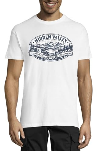 Scenic Mountain Valley med vattenfall utsikt rund hals bomull herr t-shirt vit