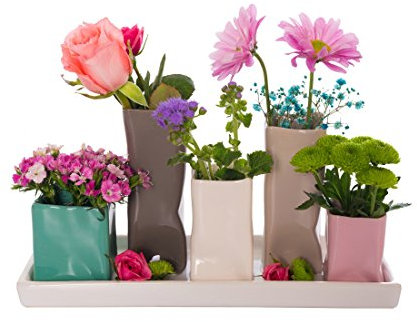 Jinfa Handgefertigte kleine Keramik Deko Blumenvasen Set aus 5 Vasen in bunt