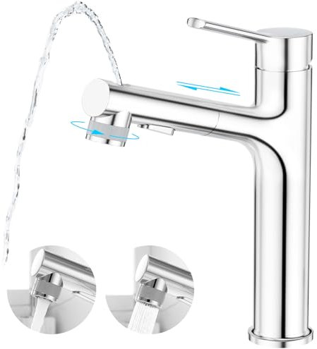 CREA Hoch Wasserhahn Bad Waschtisch Armatur Waschbecken, Einhebelmischer Badarmatur Waschtischarmatur für Aufsatzwaschbecken mit 3 Wasserstrahlarten Brause ausziehhar, Messing verchromt poliert