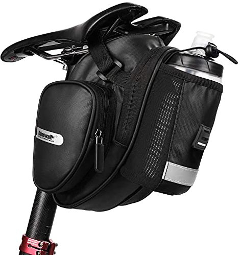 Wildken Satteltasche Fahrrad mit Seitentasche wasserdichte Rahmentasche Fahrradtasche Oberrohrtasche Fahrradsattel Flaschenhalter mit Regenschutz Reflektierend Schwarz für Fahrräder Mountainbikes