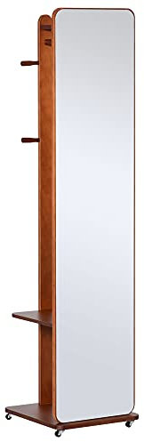 HOMCOM Specchio da Terra con Appendiabiti, Mensole e Ruote, Sistema Antiribaltamento, MDF e Legno, 40x44.5x170cm, Color Ciliegia