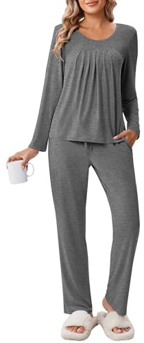Ekouaer Pigiama Donna Cotone Caldo Pigiami Tuta Pigiama Donna Invernale Set Pigiama Tasche con Coulisse Lovable, Grigio Scuro, S