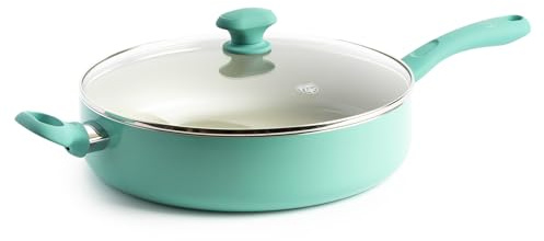 GreenLife Soft Grip Diamond Healthy Ceramic Nonstick, 5QT Saute Pan Jumbo Cooker with Helper Handle and Lid, PFAS-Free, Dishwasher Safe, Turquoise