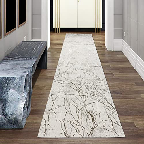Designer Läufer Teppich Flur & Schlafzimmer | abstraktes glänzendes Ästemuster hell-dunkel Effekt Creme, Größe 80 x 300 cm