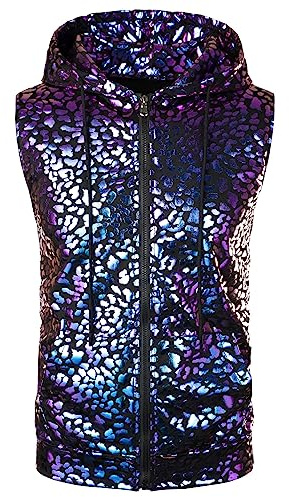 PARKLEES Mens Hipster Leopard Metallic Zip Up Sleeveless Hooded Vest T Shirt with Kangaroo Pocket PZLSV18-Purple M