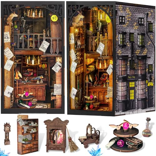 DIY Book Nook Kit, 3D Wooden Puzzle Miniature Booknook Bookend Bookshelf Decor with LED Light, Dust Cover, Book Nook Kits for Adults Teen Ideas