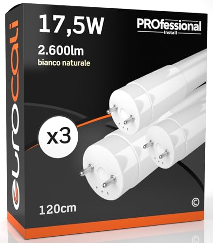 Eurocali Tubo LED 120cm 17,5W 2600 lumen - Bianco Naturale 4000K - Policarbonato - Tubo T8 Attacco G13 - Sostituzione Neon - Pacco da 3