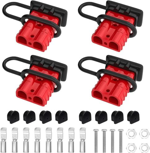 GTIWUNG 4 Stück Batterieanschluss 50A 600V Stecker Rot, Quick Connect Batterie Akku Steckverbinder Schnellanschluss Stecker mit Staubschutzkappen für Winch oder Trailer, Auto, Hochstrom Steckverbinder