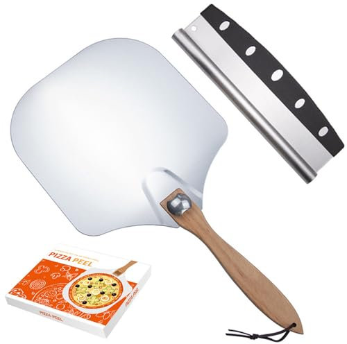 PTSBENCO Pizza Peel Set - 12 x 14 Inch Aluminum with Foldable Wood Handle and 35cm Rocker Cutter for Baking