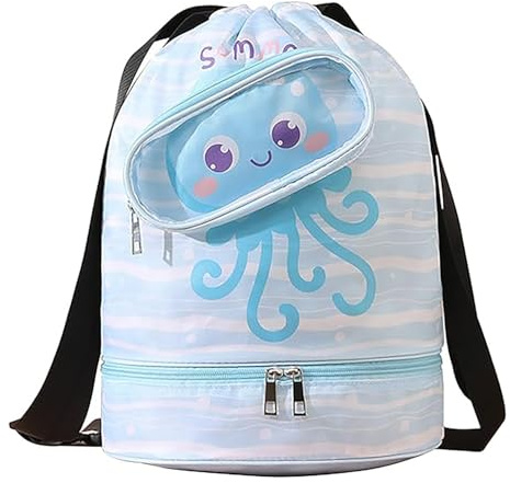 JINJUMEI Bolsa de Natación Niño, Deporte con Cordón, Mochila Piscina Impermeable, Bolsa Piscina Separación en Seco-Húmedo con Compartimento Zapatos para Zapatos para Niñas y Niños(Pulpo Azul)
