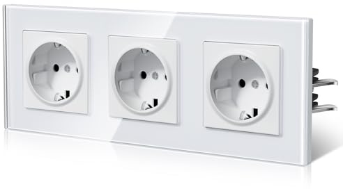 BSEED Enchufe Pared con Cristal,Enchufes Empotrable Estándar,Instalación Con Garfio,Conexión sin Destornillador,Seguridad infantil,E-Serie,3 Enchufes,228mm Blanco