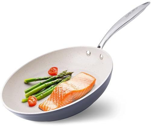 Mueller Frying Pan, Heavy Duty German Stone Coating Non Stick Frying Pans, No PFOA or APEO, Paella Pan, Dishwasher and Oven Safe, Even Heat Distribution, Cool Stainless Steel Handle, Light Grey