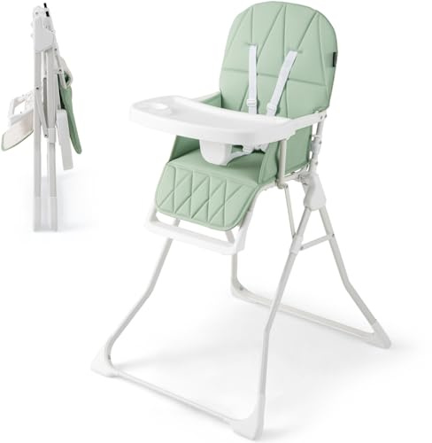 Maxmass Foldable High Chair, Compact High Chair with 3-Position Adjustable Dishwashable Tray, Removable Seat Cushion, 5-Point Safety Harness, Highchair for Baby Infant (Green Without Basket)