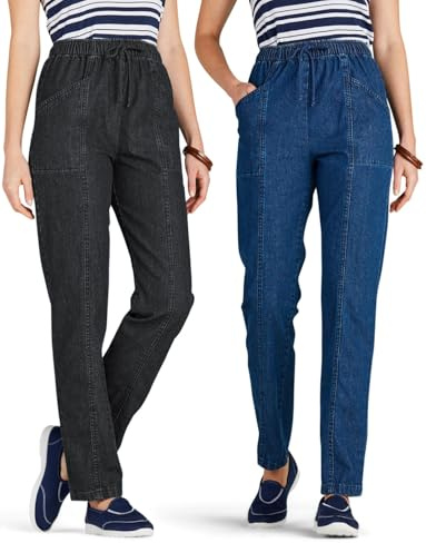 Amber Ladies Elasticated Waist Pull On Jeans (Pack of 2) 100% Cotton High Waisted Jeans for Women with Adjustable Drawstring Black & Stonewash 12 Short