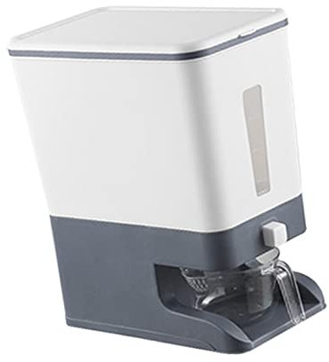 Dispensador de arroz con taza medidora de 10 kg de capacidad, contenedor de alimentos para harina de cereales, aperitivos, nueces, tapa sellada, color gris