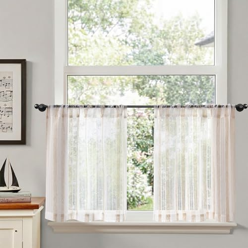 TOPICK Rideau Cuisine Voilage Brise Bise, Rideaux Court Lot de 2, avec Rayures Naturelles 65L x 60H(cm) Passe-Tringle, pour Placard Fenetre Salon sous Evier