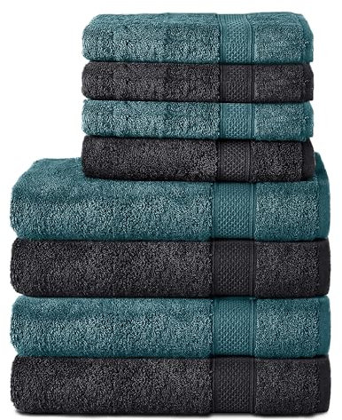 Komfortec 8er Handtuch Set aus 100% Baumwolle, 4 Badetücher 70x140 und 4 Handtücher 50x100 cm, Frottee, Weich, Towel, Groß, Schwarz/Petrol