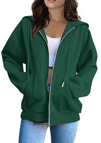 Hoodie Damen Sweatjacke 2025 Kapuzenjacke Herbst Winter Lang Sweatshirt Mit Kapuze Reißverschluss Einfarbig Basic Kapuzenpullover,Grün,XL