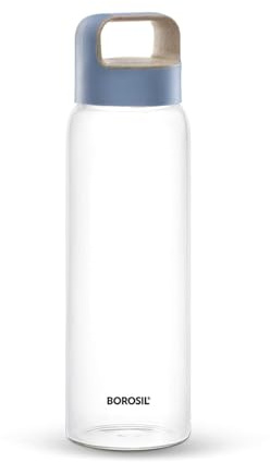 Nobel Borosil Glass Water Bottle, 1000ml, Wide Mouth, Leakproof Borosilicate Glass, Microwave Safe (Blue Lid with Handle)