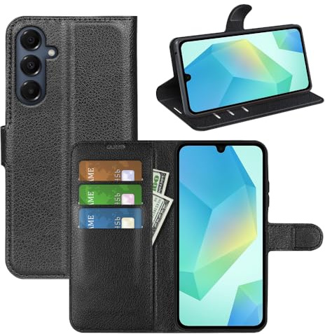Fertuo Fodral för Samsung Galaxy A17 5G/4G, Slim Flip plånboksfodral i läder med silikonbuffer, magnetiskt spänne, korthållare och kickstand, svart