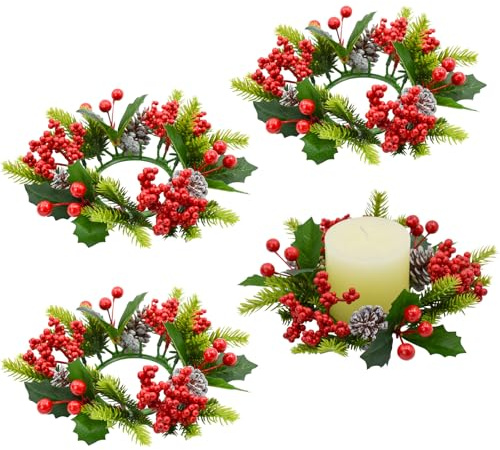 Bacucine Christmas Candle Rings Wreath 4PCS Christmas Decorations with Red Berries Pinecones Pine Garland Candle Holder for Xmas Wedding Cabinet Fireplace Table Home Decor